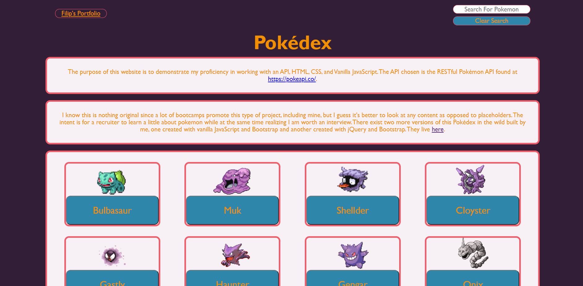 Screenshot of Vanilla JavaScript Pokedex