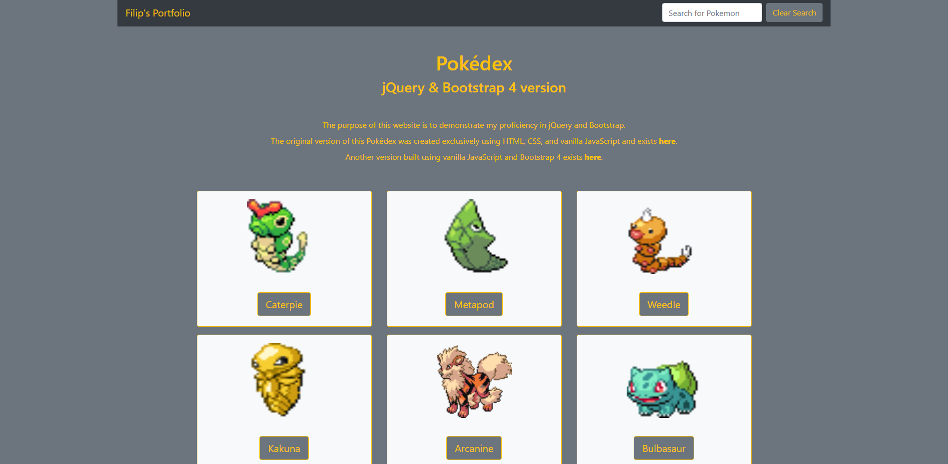 Screenshot of jQuery and Bootstrap Pokedex